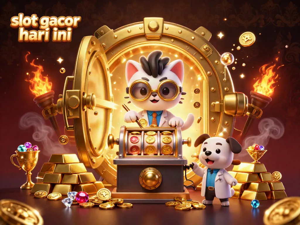 Menghasilkan slot gacor hari ini dalam bentuk ilustrasi 3D dengan karakter kucing ilmuwan dan anjing sebagai asisten.