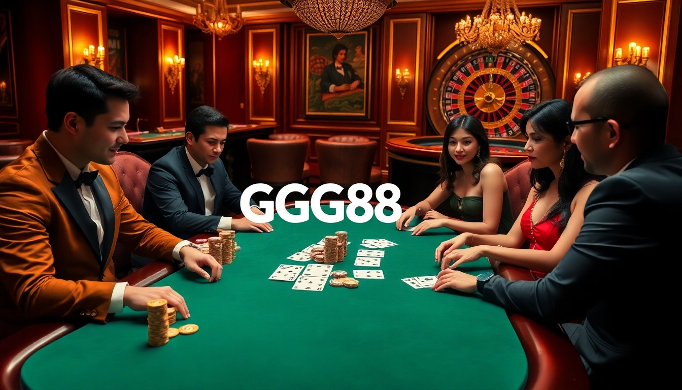 Experience the high-stakes excitement of poker at GG88, featuring engaged players and vibrant casino elements.