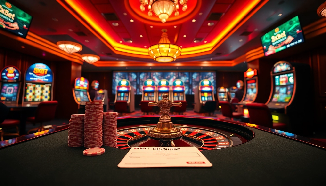 Exciting gambling experience with 8Xbet logo on roulette table and vibrant slot machines.