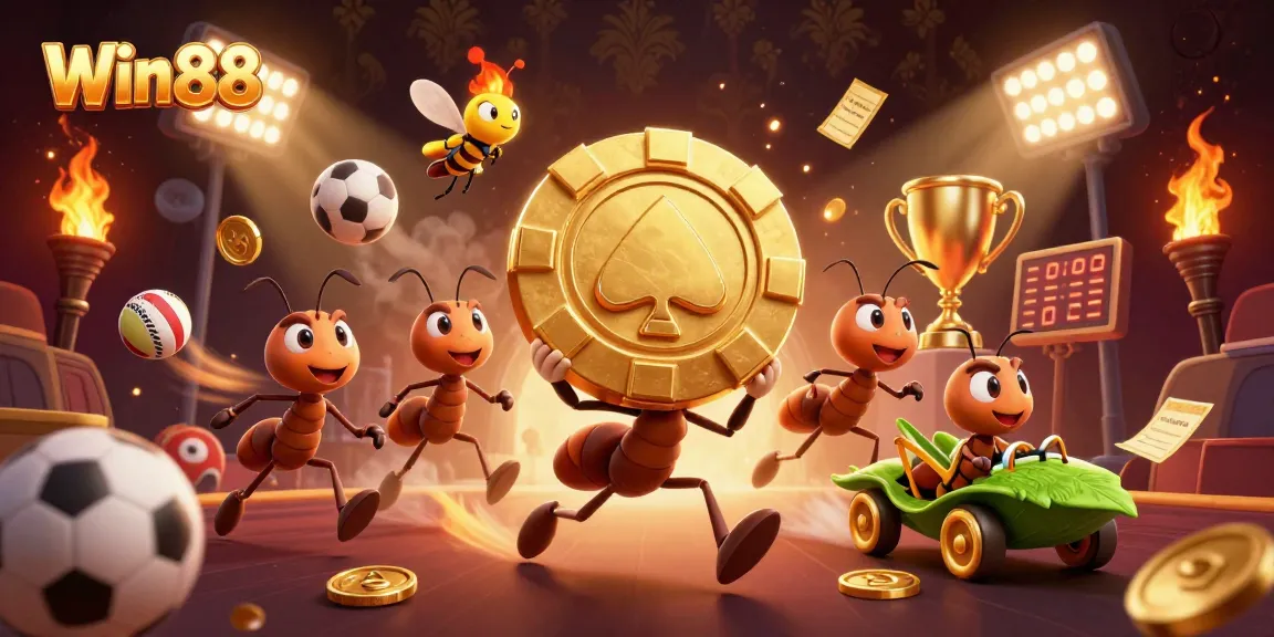 Win88's ants execute a thrilling heist in this vibrant casino illustration.