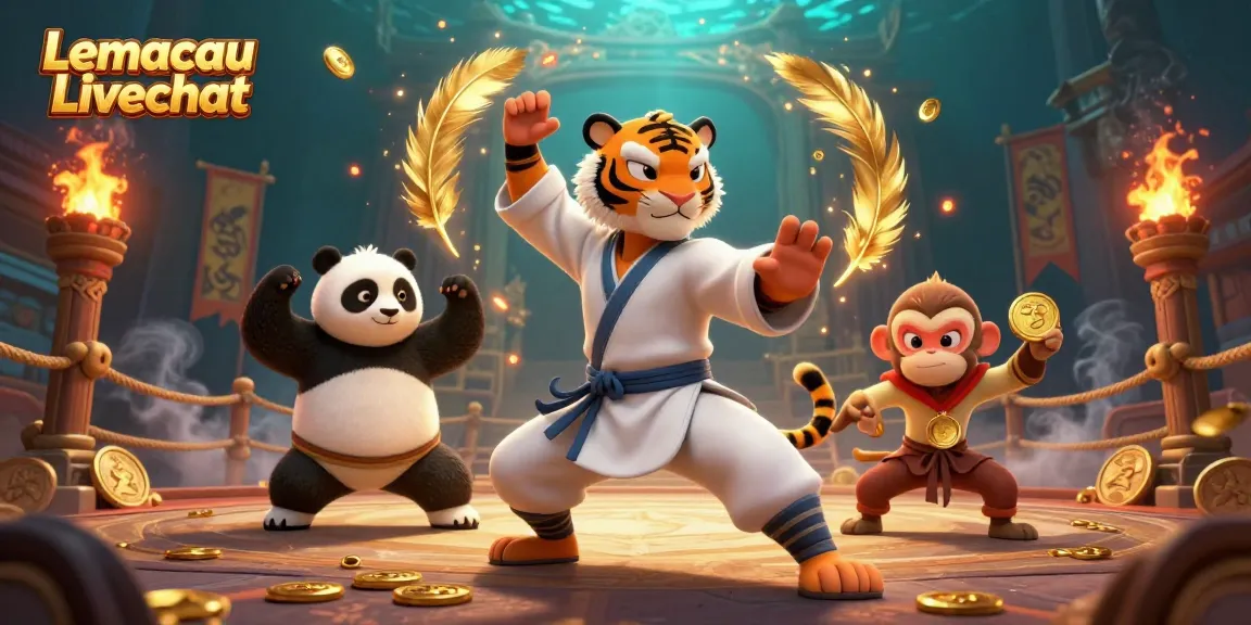 Lemacau Livechat showcases a kung fu tiger master with a panda disciple, surrounded by dynamic casino elements.