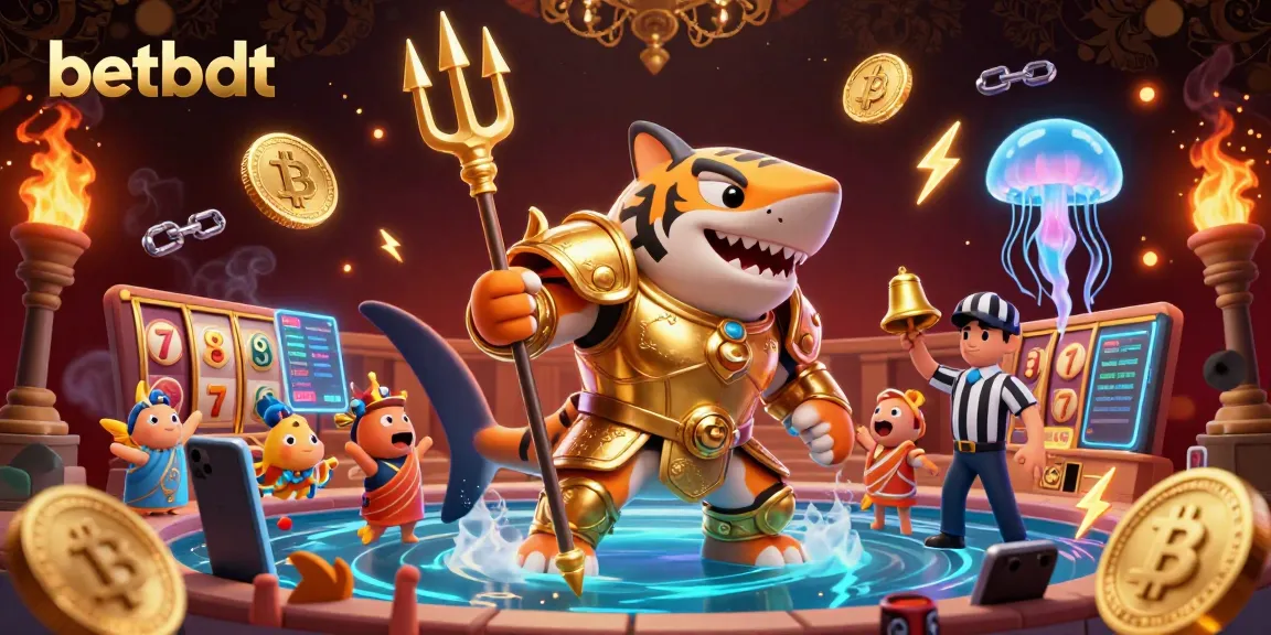 Engage in thrilling games at betbdt with a vibrant underwater casino scene featuring a trident-wielding tiger shark.