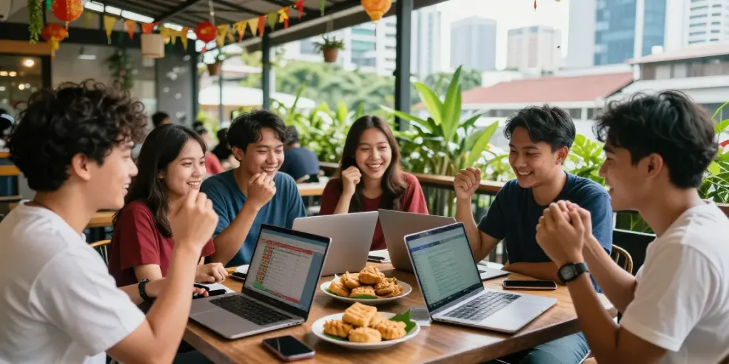 Suasana bahagia di kafe merayakan kemenangan rajatogel dengan teman-teman, menampilkan laptop dan makanan khas Indonesia.