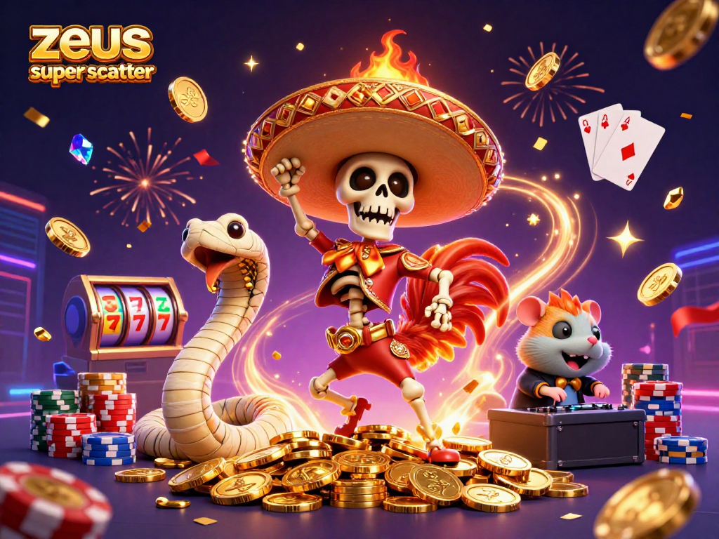 Experience zeus super scatter with dynamic winnings and festive gambling elements in a vibrant casino scene.