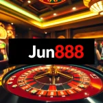 Experience high-stakes excitement at Jun88 Casino with a lively roulette table, colorful slot machines, and eager players.