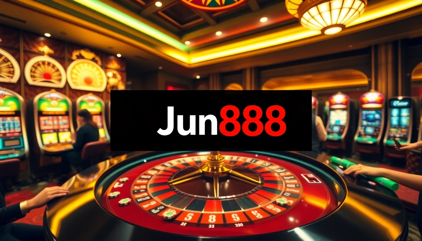 Experience high-stakes excitement at Jun88 Casino with a lively roulette table, colorful slot machines, and eager players.