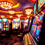 Slot Game mesin yang menarik dengan simbol kemenangan di kasino yang ramai