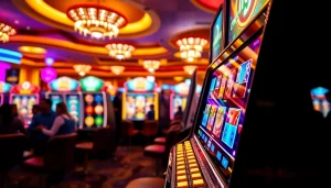 Slot Game mesin yang menarik dengan simbol kemenangan di kasino yang ramai
