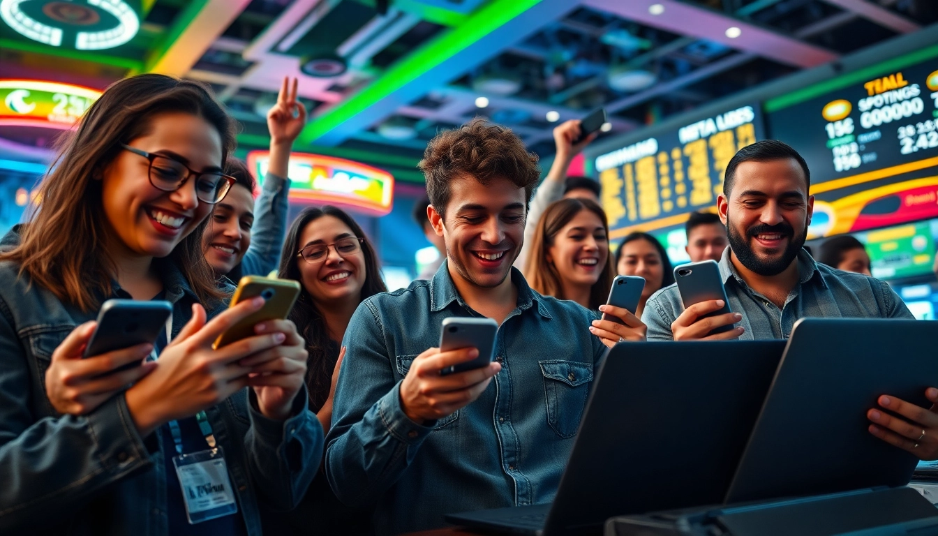 Engage with the vibrant atmosphere of online Betting featuring diverse individuals in a lively sportsbook.