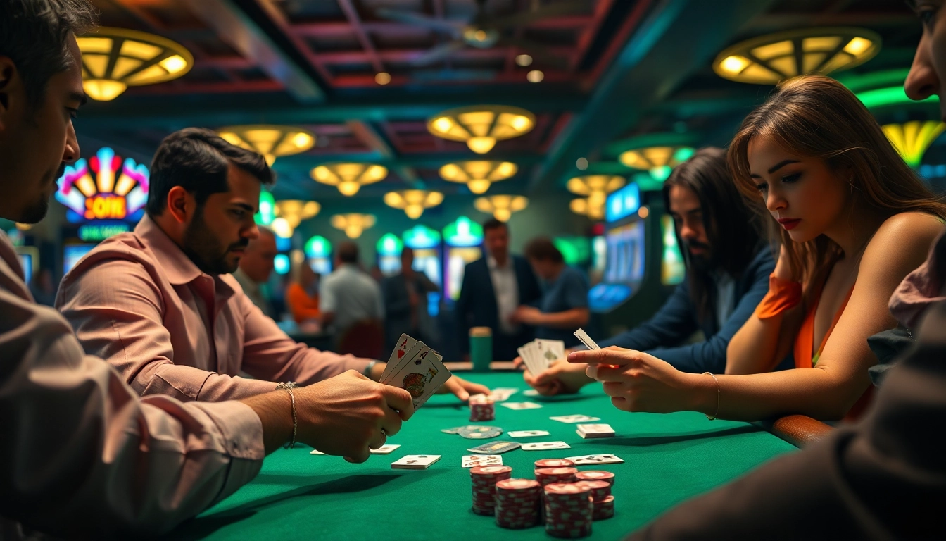 Engaged players demonstrating strategies in a tense poker game at a casino table.