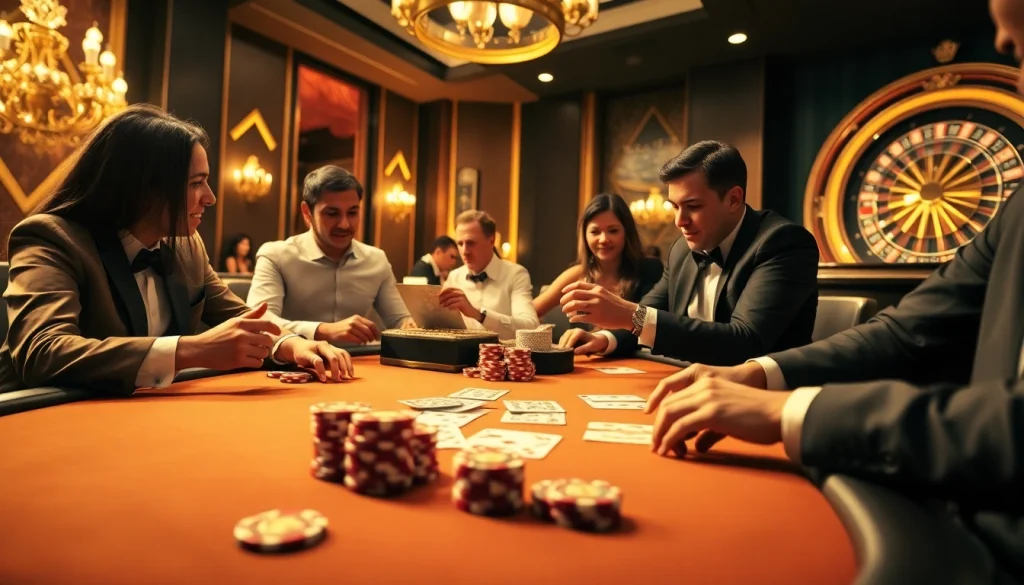 Players at the poker table celebrate a win at XX88's luxurious casino scene.
