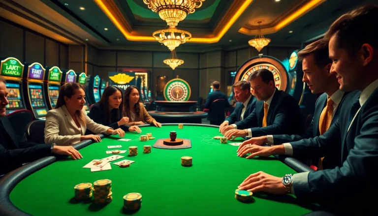 Players enjoying a lively poker game at an upscale casino inspired by https://www.kjc.global/, with vibrant chips and cards.
