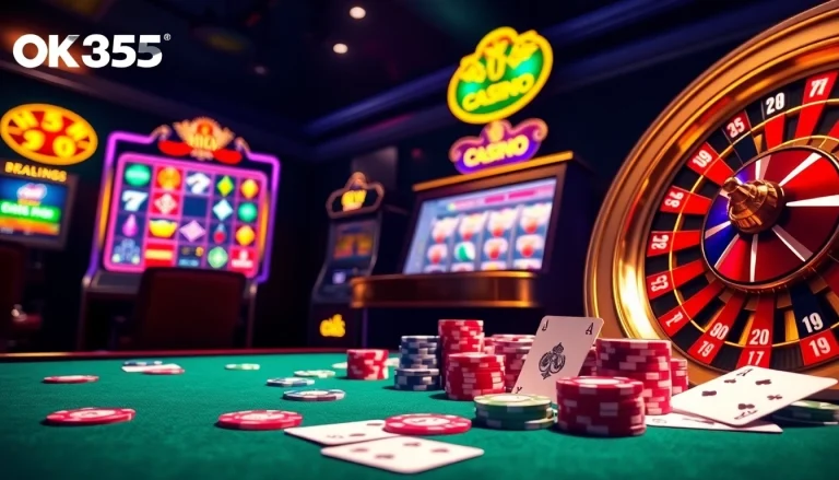Engaging scene showcasing the vibrant gaming atmosphere at OK365 casino with poker chips and roulette wheel.