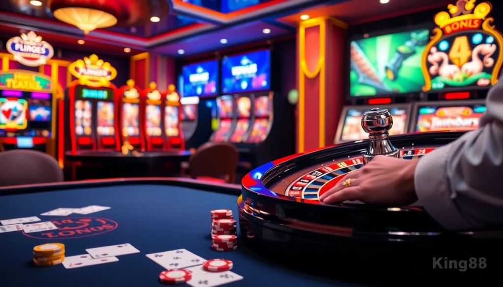 Experience thrills on link KING88 with exciting slot machines and elegant poker setups in a vibrant casino scene.