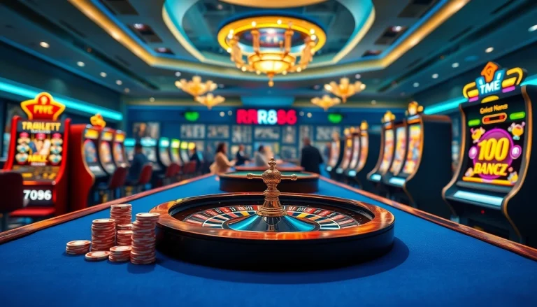 RR88 online casino showcasing vibrant gaming tables and exciting visual elements for engaging gameplay.