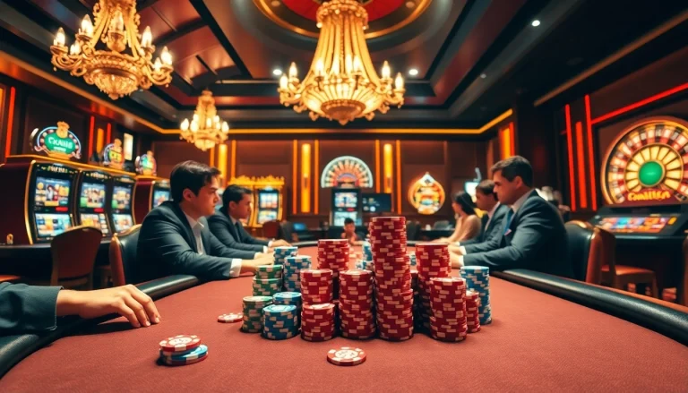 Engage in high-stakes poker at https://rr88ez.com/, illuminated by a luxurious casino atmosphere.