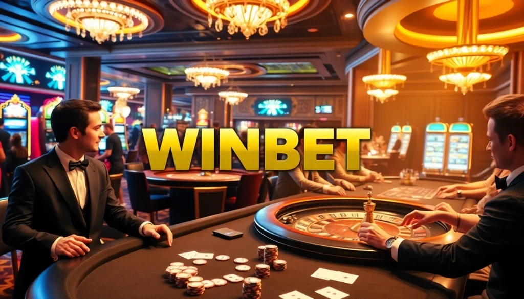 WINBET branding shines on an exciting casino floor, featuring poker chips and vibrant gaming tables.