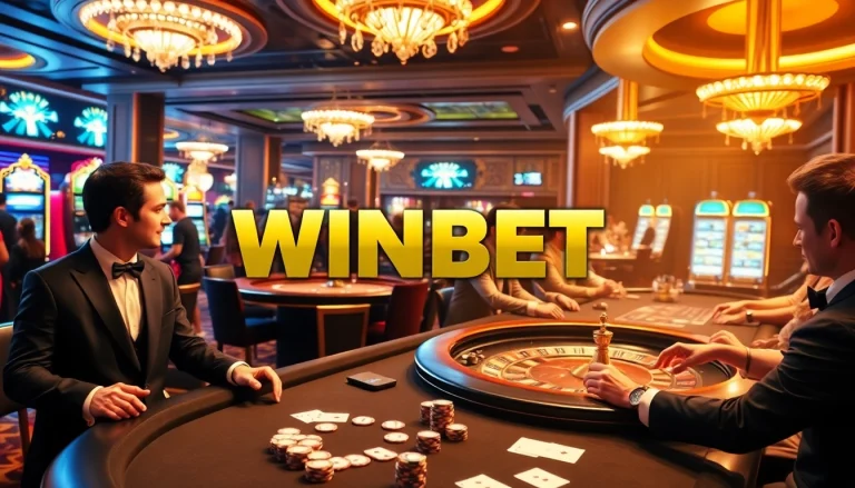 WINBET branding shines on an exciting casino floor, featuring poker chips and vibrant gaming tables.