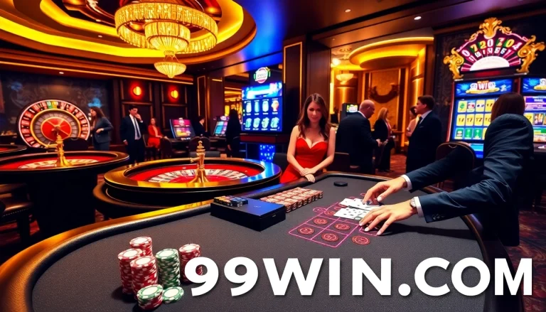 Play blackjack and roulette in luxury at 99WIN.COM casino setting.