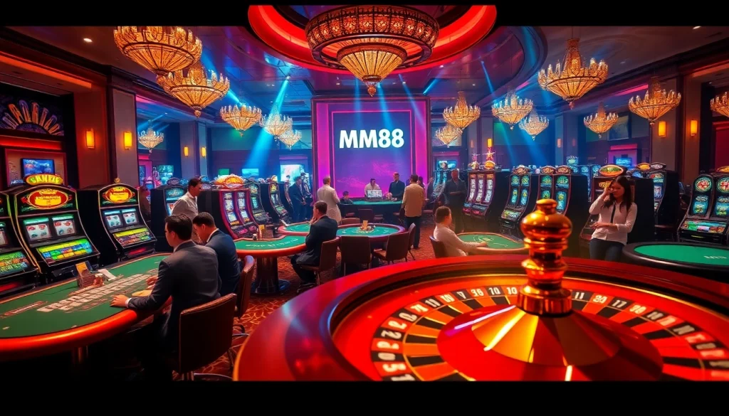 MM88 casino experience with players enjoying vibrant slot machines and lively poker tables.
