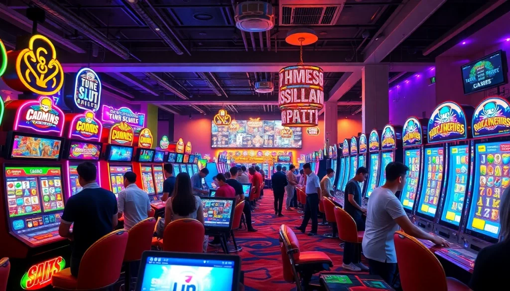 Exciting online slot gaming environment with diverse players engaging with colorful doaslot machines.