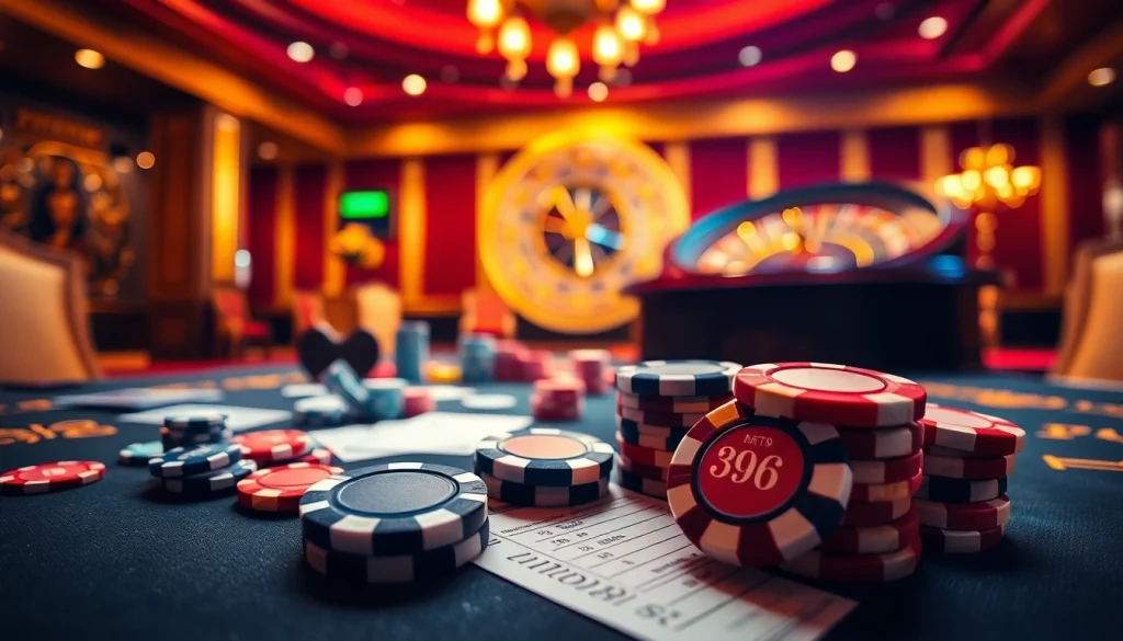 Experience the thrill of gaming at https://do666.at with vibrant casino visuals featuring poker chips and roulette.