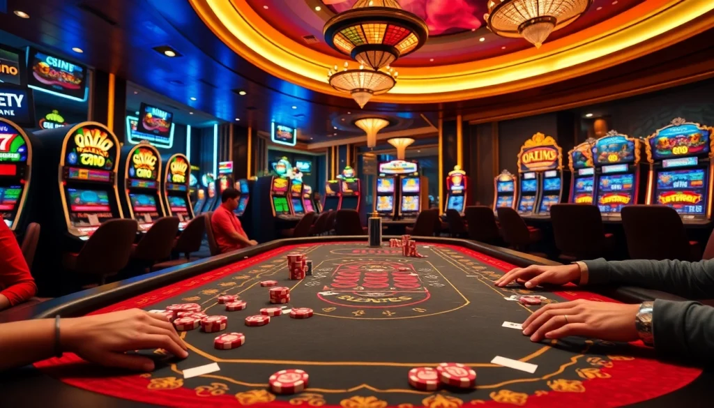 Players enjoying the thrilling game 888new at a glamorous casino table filled with poker chips and cards.