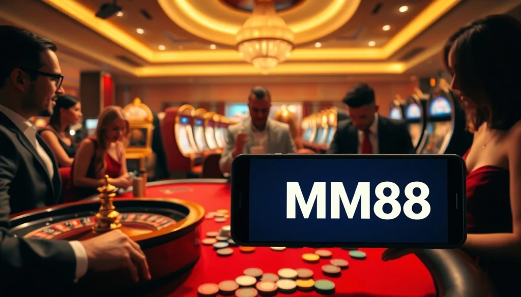 Players enjoying a thrilling moment at an MM88 casino poker table, surrounded by excitement.