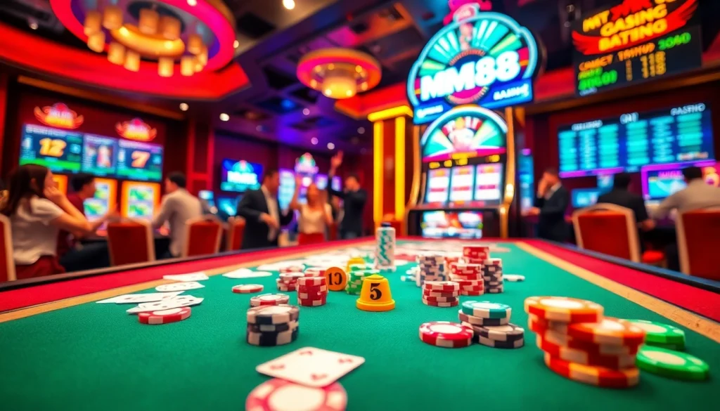 House of MM88 features dynamic casino action with vibrant chips and online betting excitement.