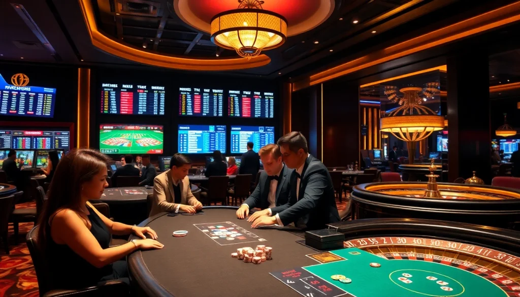 Kèo nhà cái featured in a lively casino sports betting scene with poker and roulette.