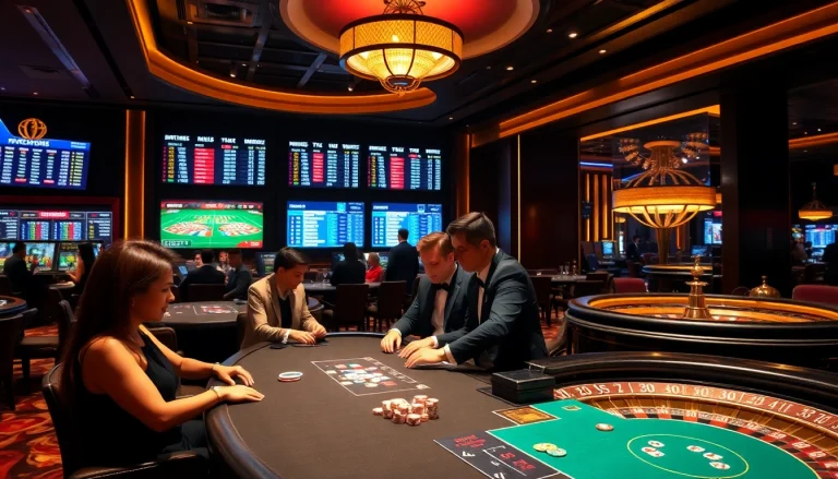 Kèo nhà cái featured in a lively casino sports betting scene with poker and roulette.