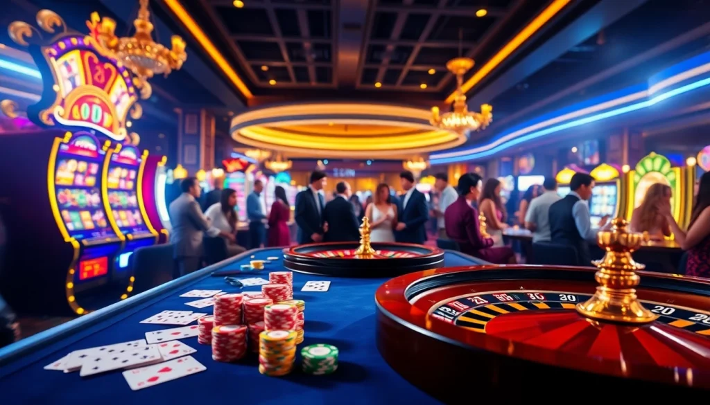 Experience the excitement of 32WIN with vibrant gambling visuals featuring casino tables, cards, and slot machines.