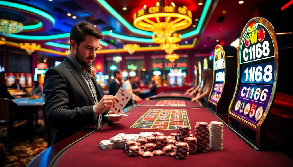 C168 themed casino scene featuring a poker table stacked with chips and cards.