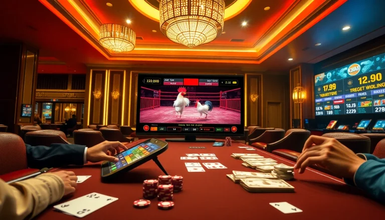 Exciting live cockfighting action at đá gà kkwin, with players actively placing bets in a luxurious casino setting.