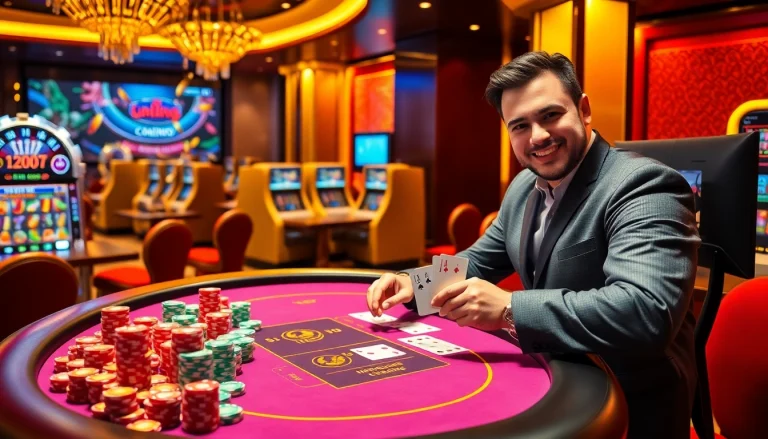 Experience the excitement of LC88 with a vibrant casino scene showcasing a gaming table and slot machines.