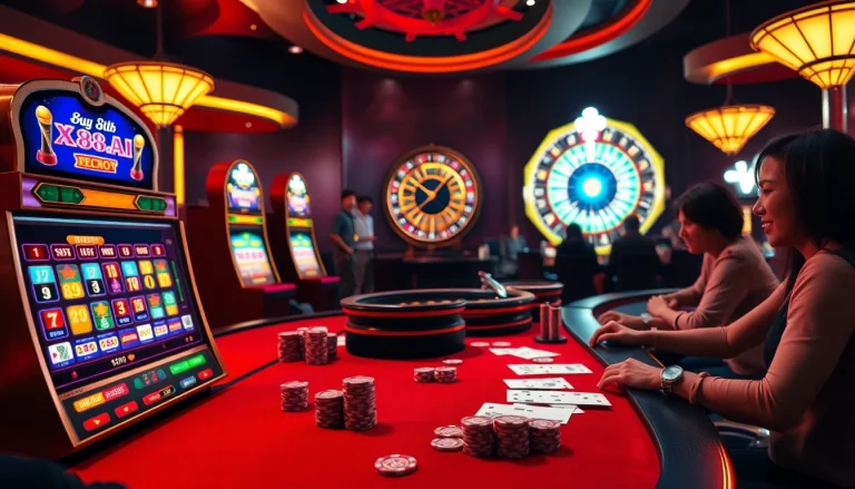 A lively casino scene featuring XX88.AI with players engaging at tables and vibrant slot machines.