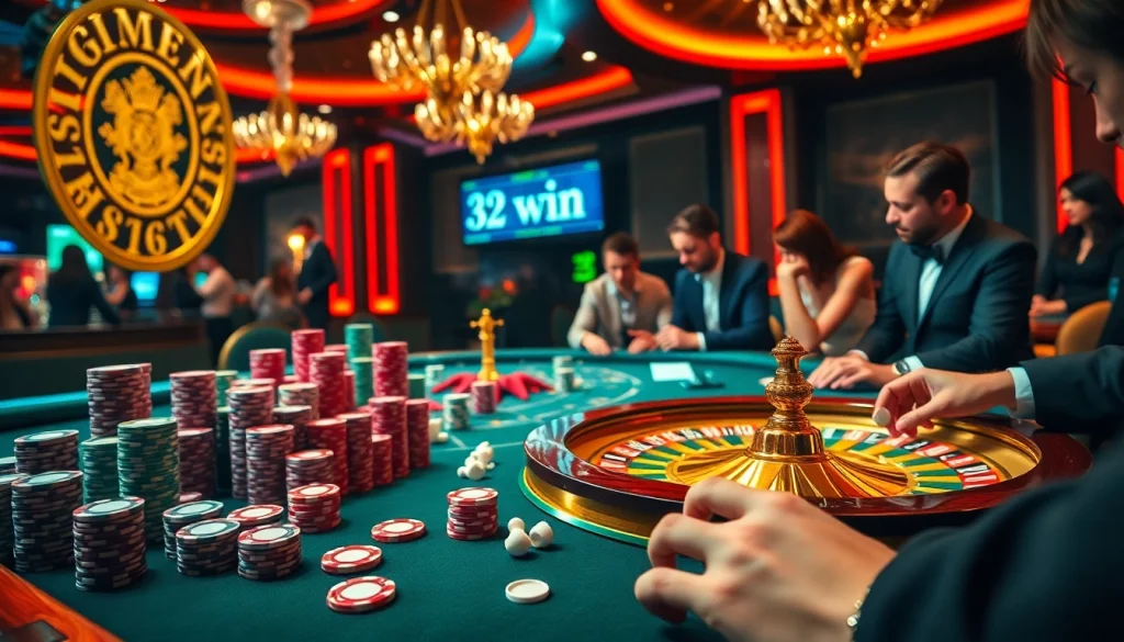Players strategizing for 32 win at a lavish casino table surrounded by vibrant poker chips.