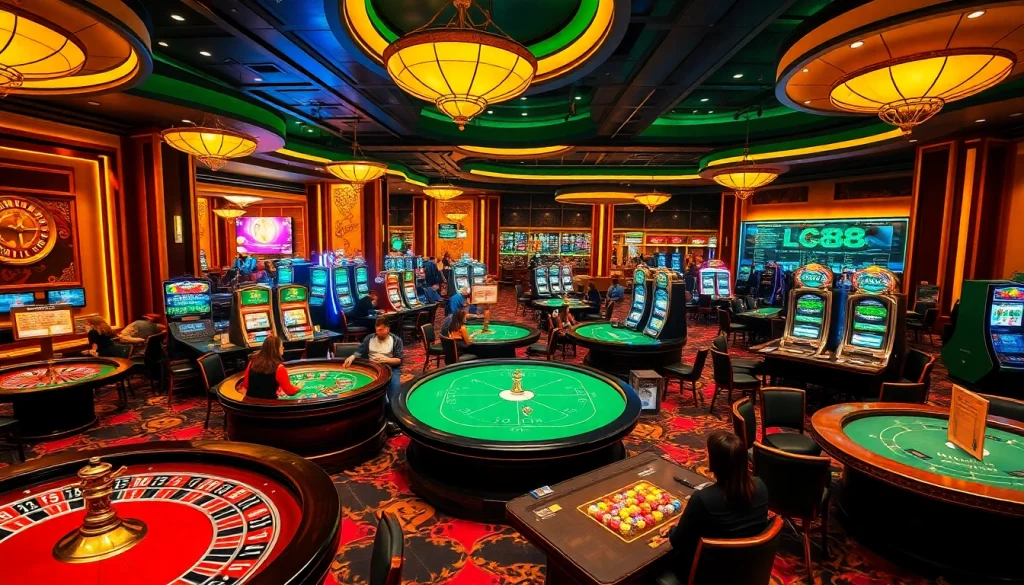 Engaging players gambling at LC88’s vibrant casino tables with exciting games.