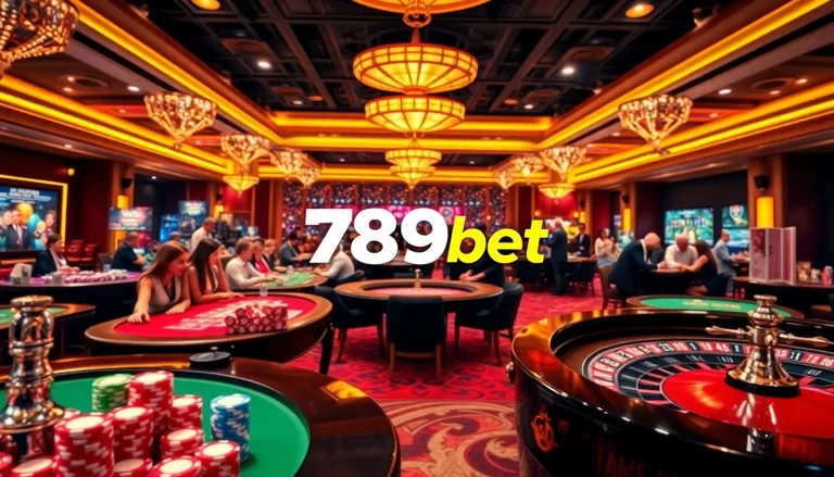 Players enjoying vibrant casino games at 789bet, highlighted by luxurious poker chips and roulette.