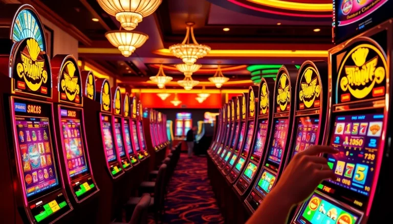 Excited players enjoying various slot machines at a luxurious 슬롯사이트 casino environment.