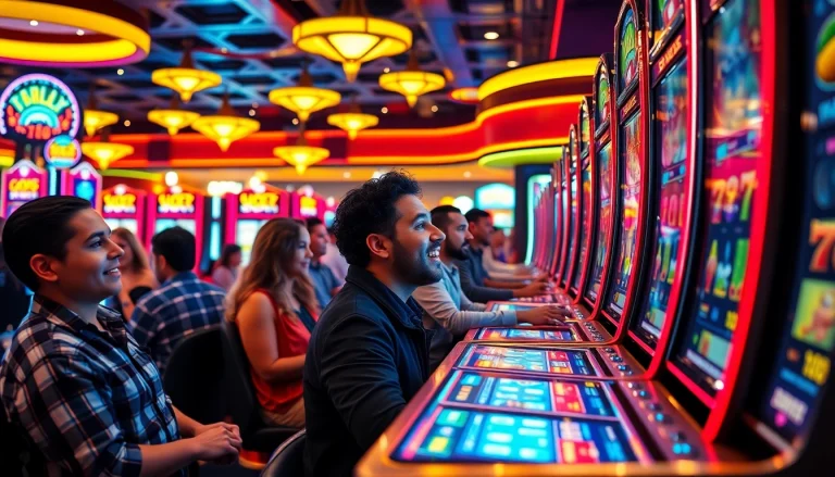 Permainan slot gacor yang menarik dengan pemain bersemangat dan mesin slot yang berwarna-warni.