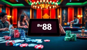 Engaging casino scene showcasing Bet 88 with vibrant poker chips and an exciting roulette wheel.