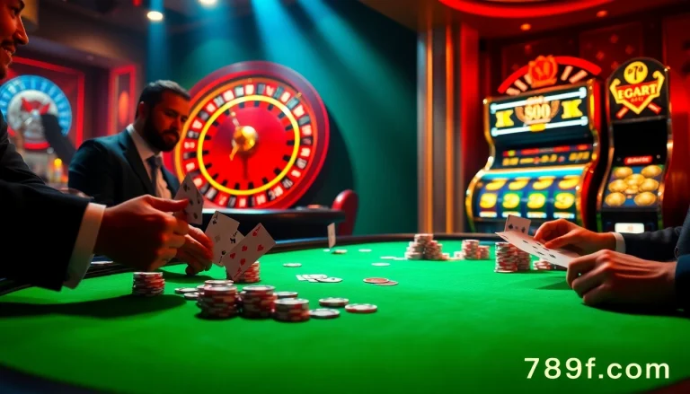 Experience the thrill of gambling at 789f.com with a vibrant casino scene featuring poker chips and a roulette wheel.