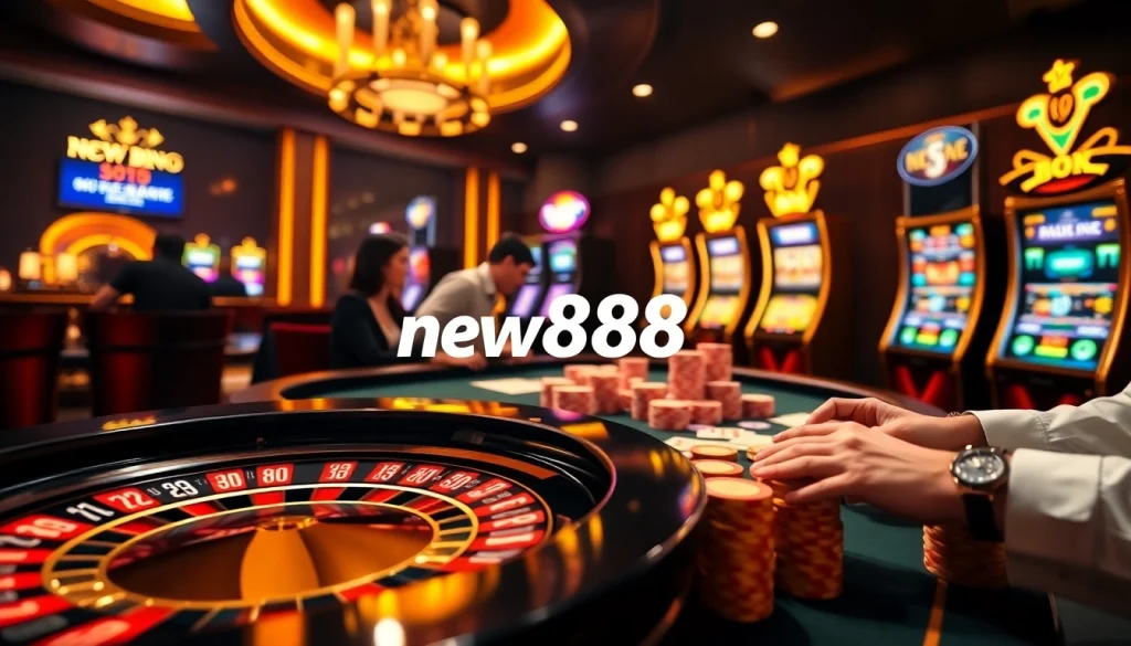 Players enjoying a thrilling game at a new888 online casino with vibrant lights.