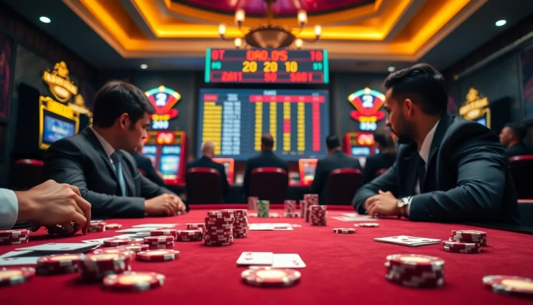 Experience the excitement of online gambling at https://mm88.bar/ with poker chips and cards on a vibrant casino table.