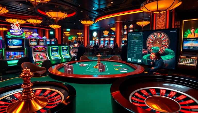 Immerse yourself in the thrilling atmosphere of https://kkwin.life/ with a luxurious casino scene showcasing poker and slot games.