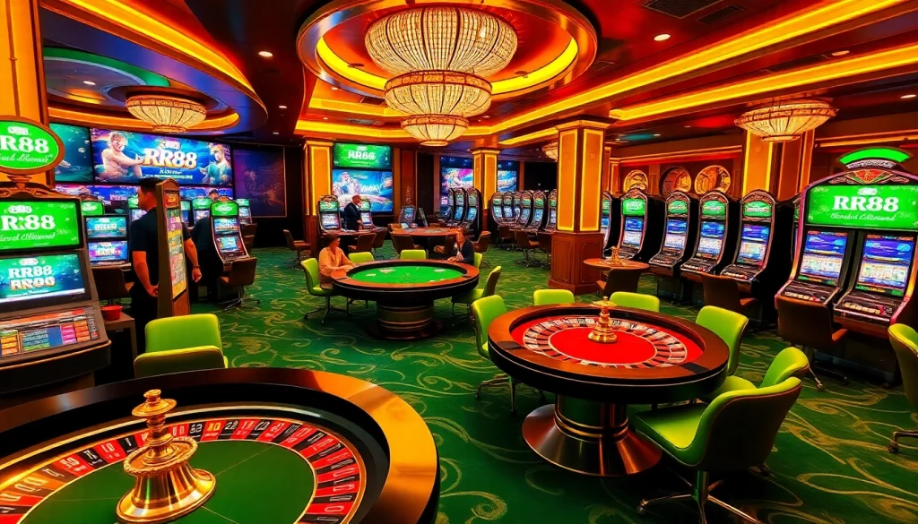Players enjoy an exciting game at RR88's vibrant casino, featuring slots and roulette.