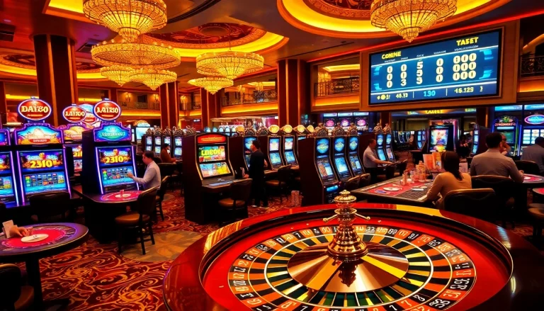 Engaging scene of players enjoying nổ hũ slot machines in a vibrant casino setting.