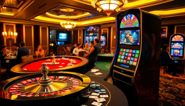 Berinteraksi dengan Birutoto di kasino yang ramai menampilkan poker, roulette, dan mesin slot berwarna-warni.