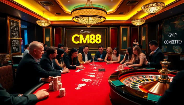 Players enjoying a thrilling card game at CM88 casino, surrounded by vibrant decor and an elegant roulette wheel.